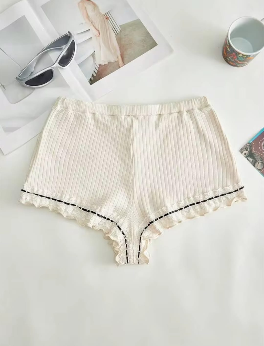 Women's Ribbed Ruffle Hem Slip Shorts / Coquette Style Lounge Shorts - Beige